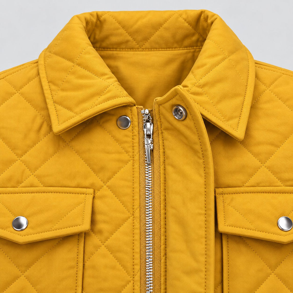 Krischen BYOC Quilted Jacket Mustard Yellow, zipper and collar detail