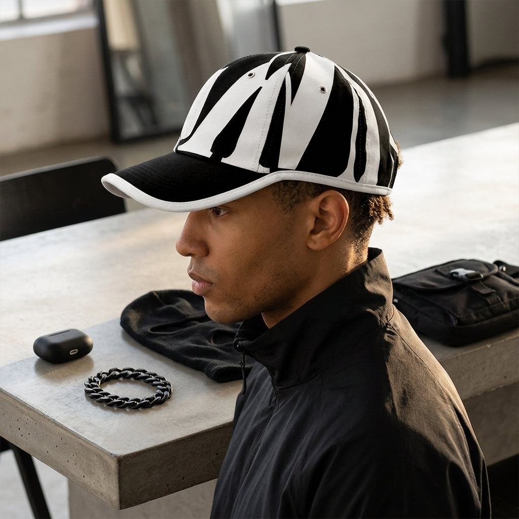 Big KRISCHEN Logo Zebra Print Baseball Cap - Lifestyle Flat Lay on Concrete