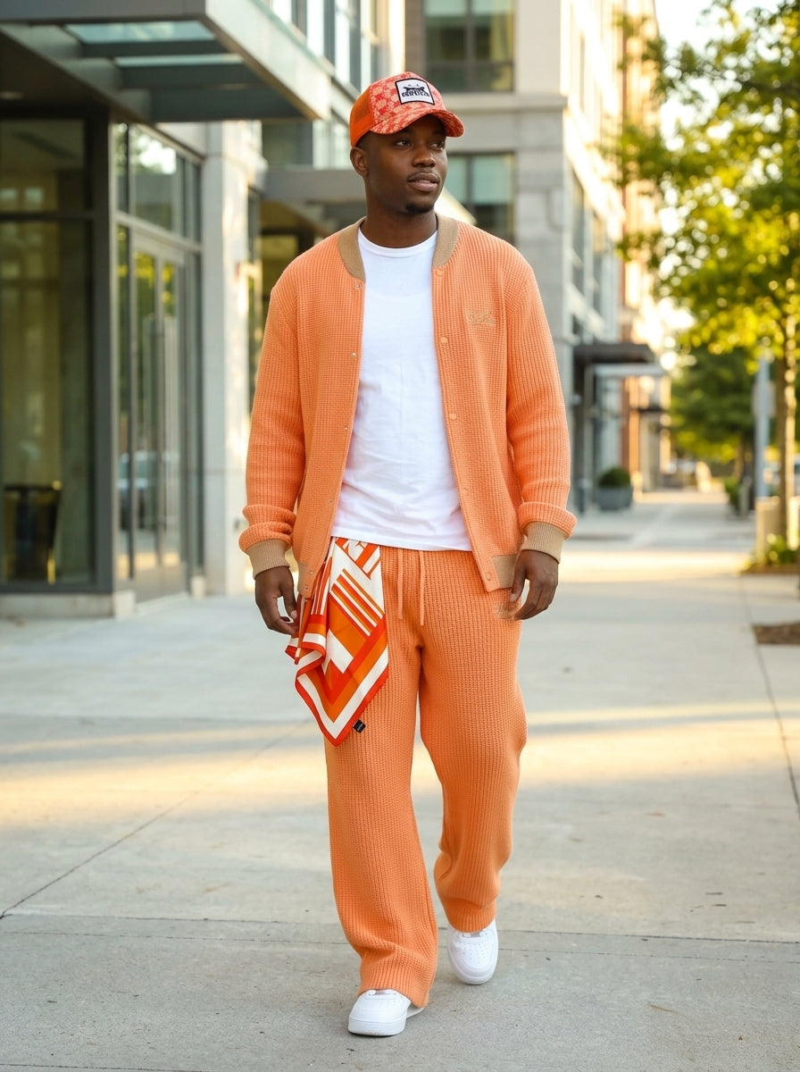 Model wearing Krischen Peach Knit set in an urban lifestyle setting