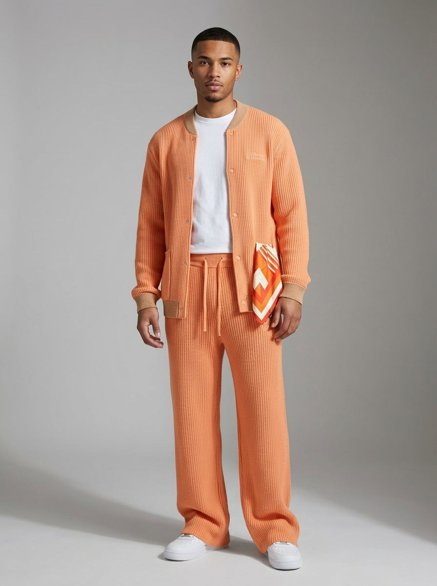 Model wearing Krischen Peach Knit set full front view