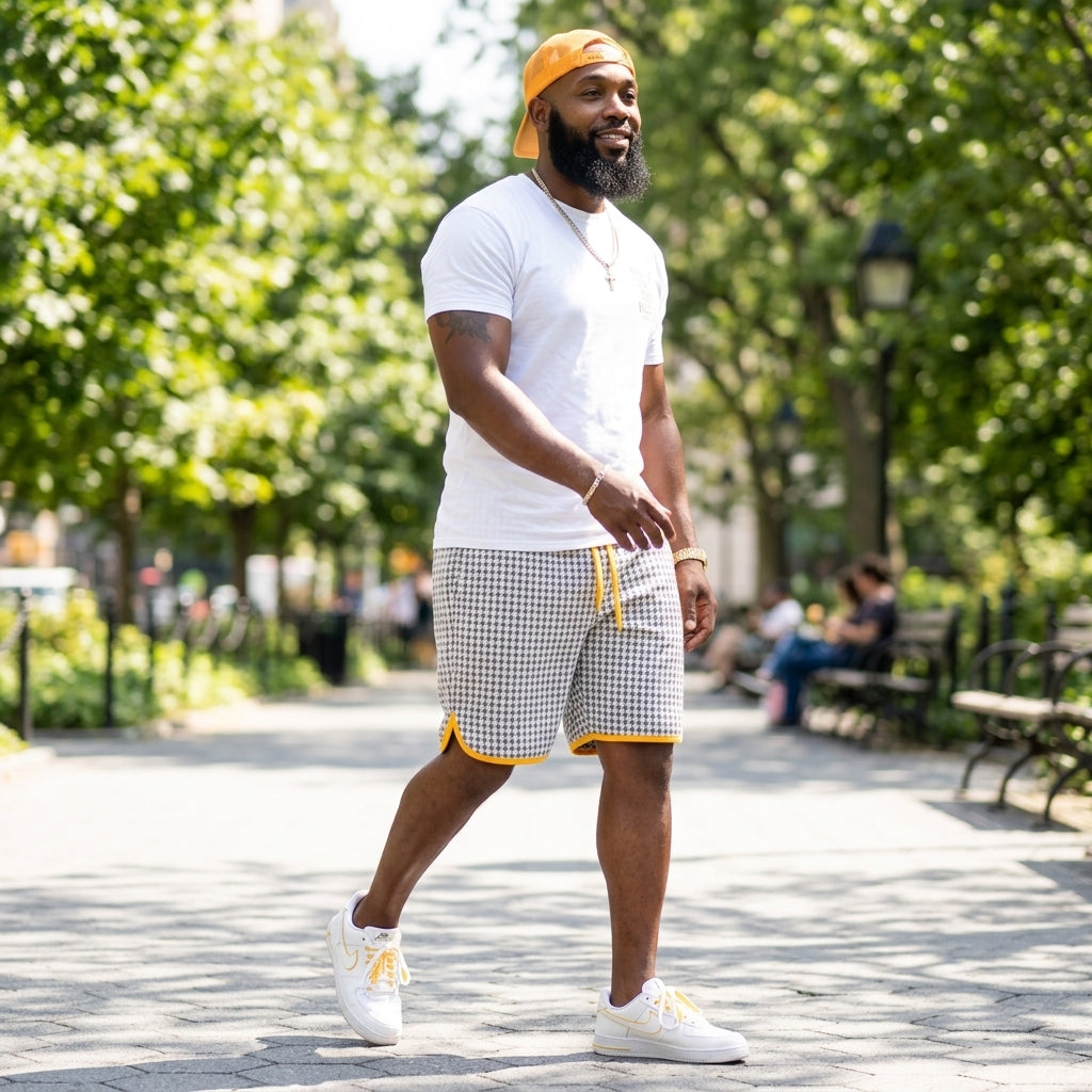 Streetwear outfit view of the Houndstooth Classic Wool Shorts on a model