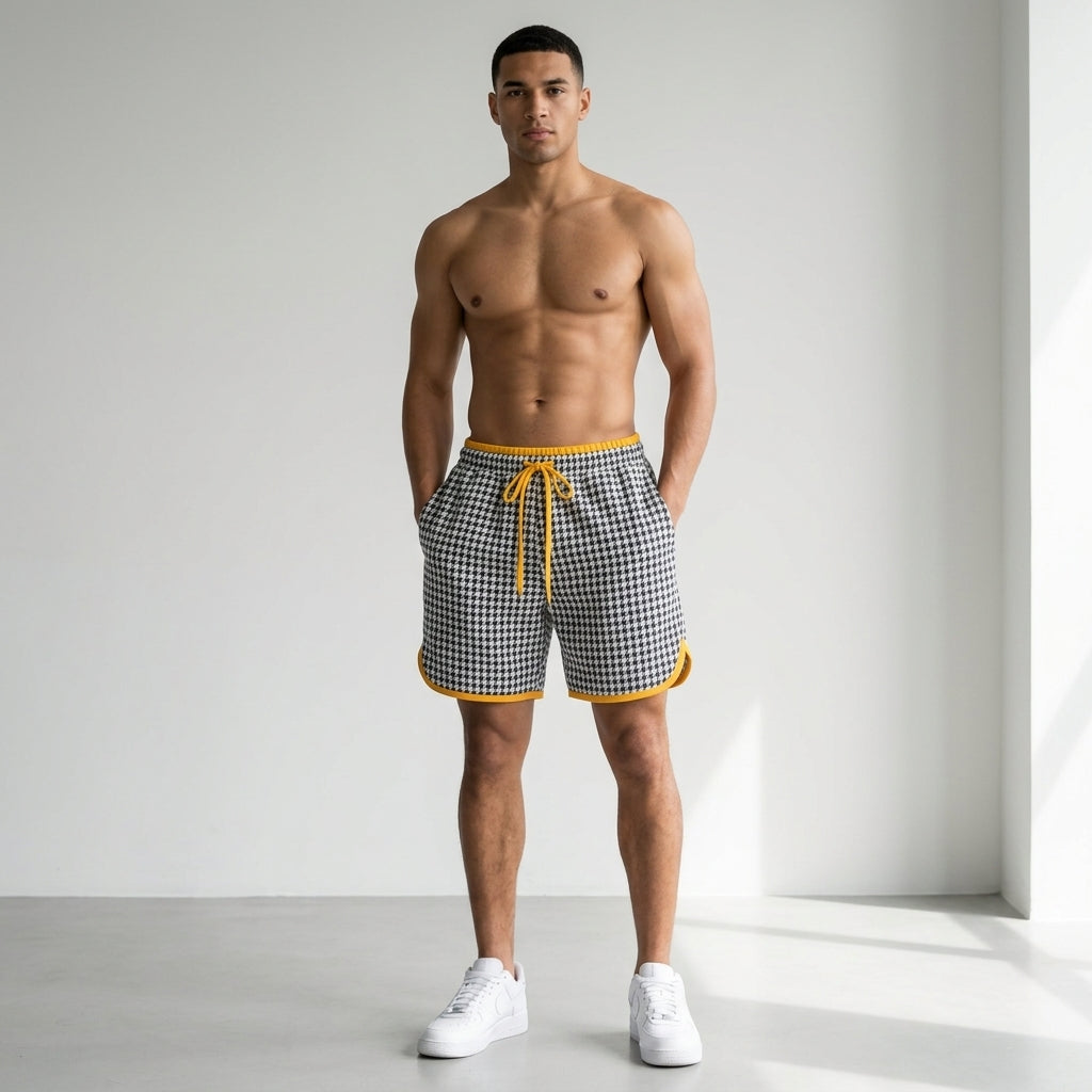 Houndstooth Classic Wool Shorts in a modern light grey studio setting