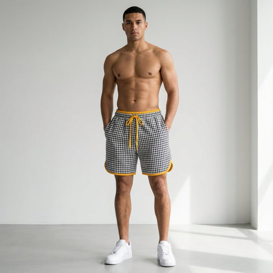 Houndstooth Classic Wool Shorts in a modern light grey studio setting