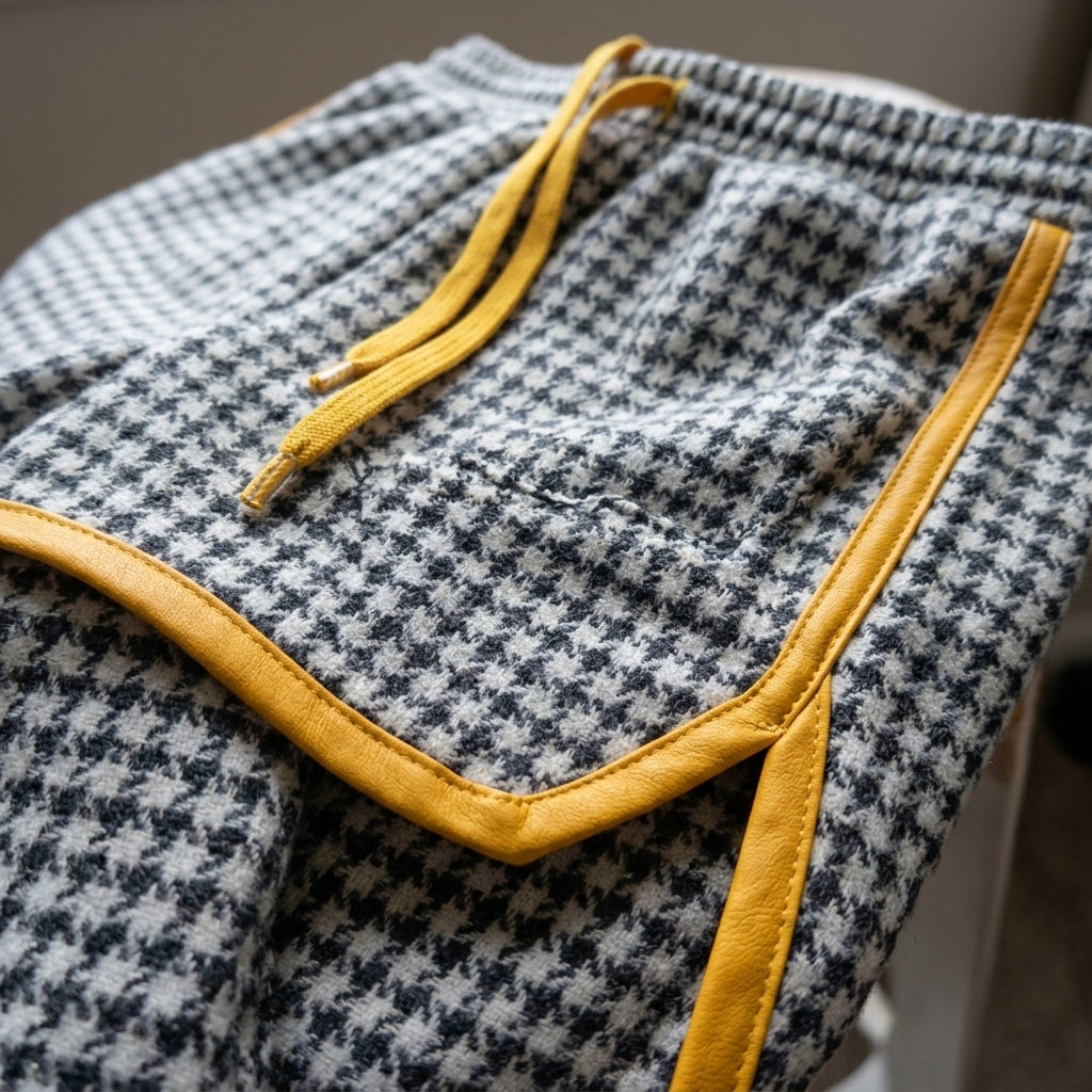 Detailed close-up showing the wool blend texture and yellow drawstring of the Houndstooth Classic Wool Shorts