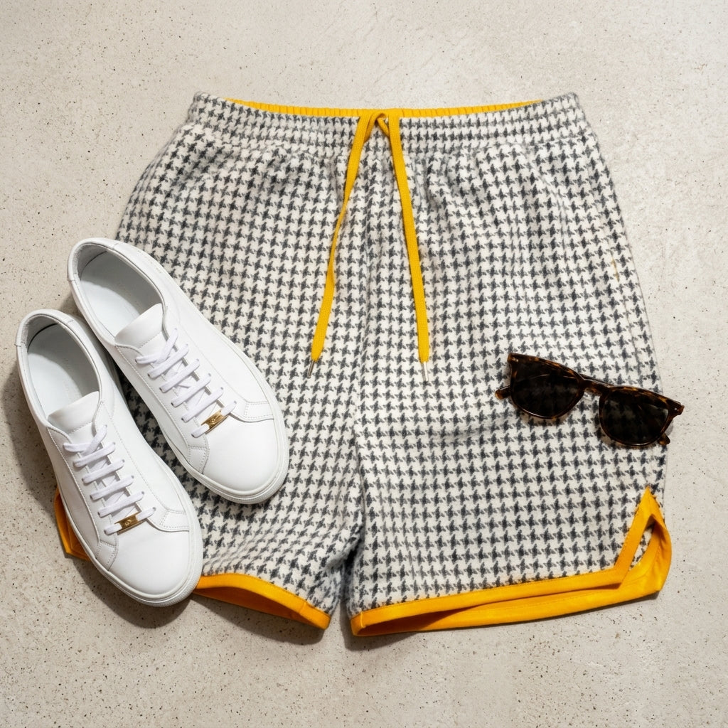 Flat lay arrangement of Houndstooth Classic Wool Shorts with premium sneakers