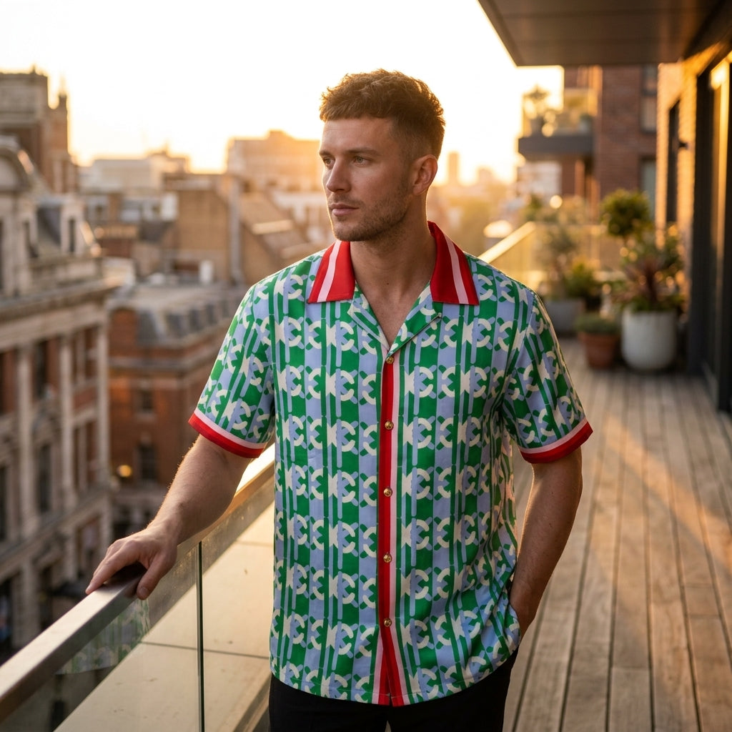 Model wearing KC monogram unisex shirt on a modern urban balcony