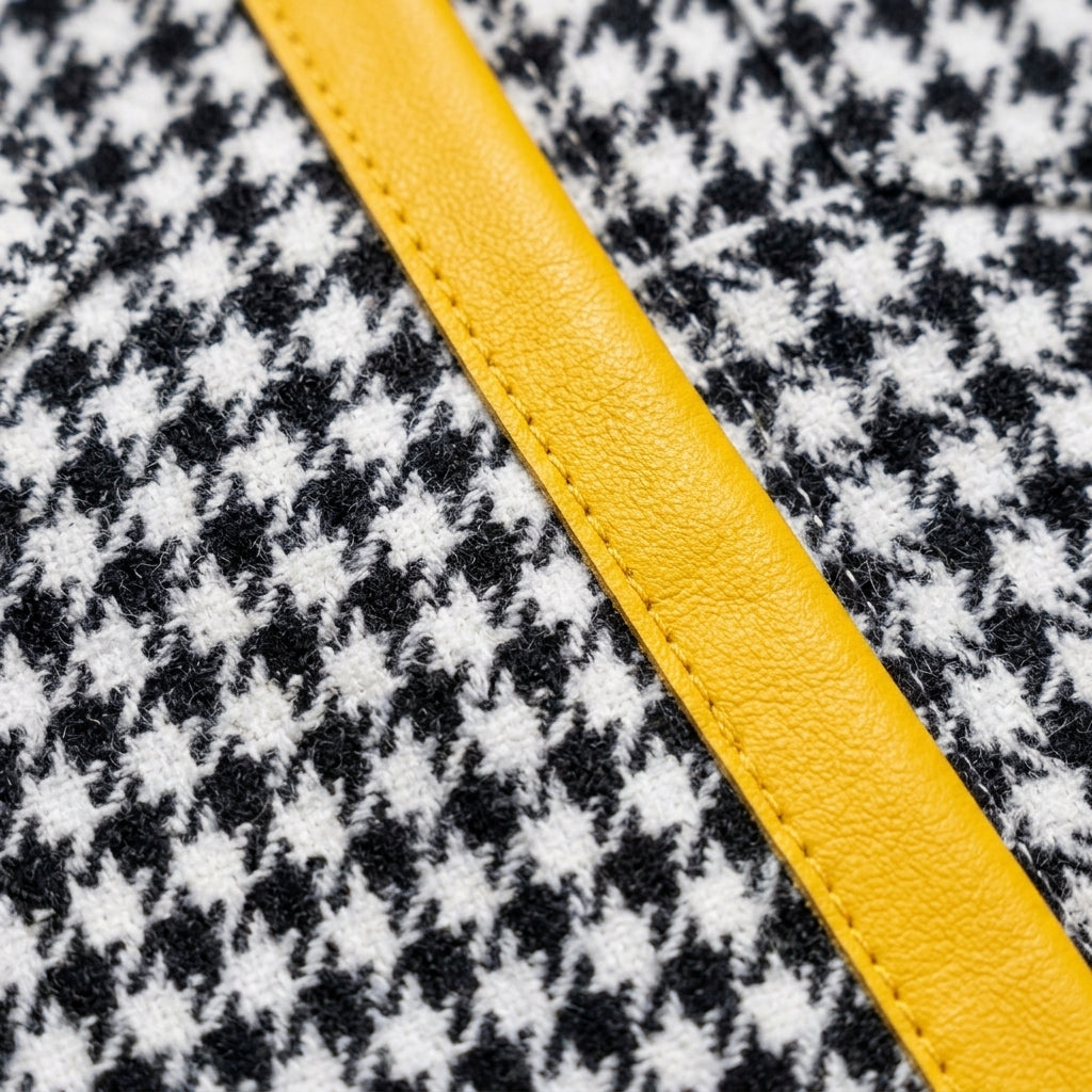 Close-up detail of cool wool houndstooth weave and vibrant yellow leather trim stitching